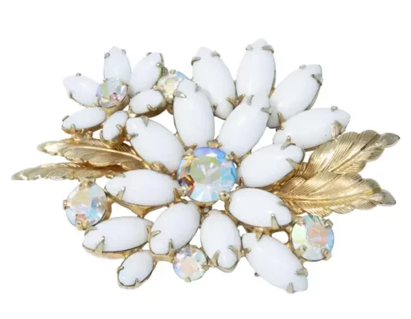 Vintage Weiss Gold Floral Bloom, Aurora Borealis, кристаллы из молочного стекла, середина 1900-х годов.