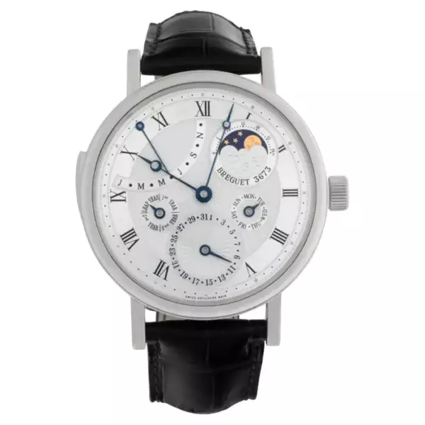 Breguet Minute Repeater Perpetual Calendar из платины на черном ремешке из кожи аллигатора с платиновой раскладывающейся застежкой.