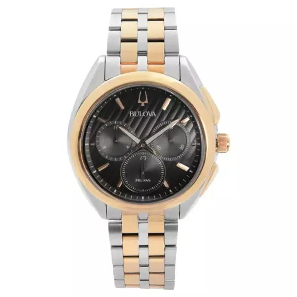 Bulova Curv Двухцветный стальной хронограф с черным циферблатом Кварцевые мужские часы 98A160. Bulova Curv Двухцветный стальной хронограф с черным циферблатом Кварцевые мужские часы 98A160.