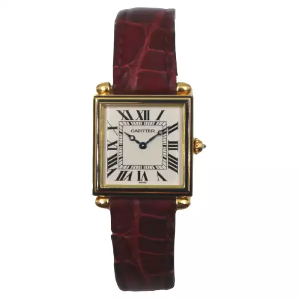 Cartier Obus Carree 1990 е годы, корпус с черной эмалью и стрелки Breguet, 24 мм, подержанные модели.