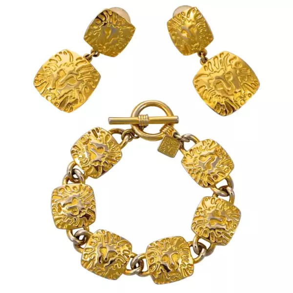 Комплект из позолоченного браслета с звеньями льва и серег капель Anne Klein, около 1980 х годов.