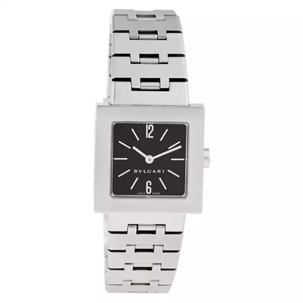 Модель часов Bvlgari Quadrato Sq22ss из нержавеющей стали, черный циферблат, кварцевый корпус.