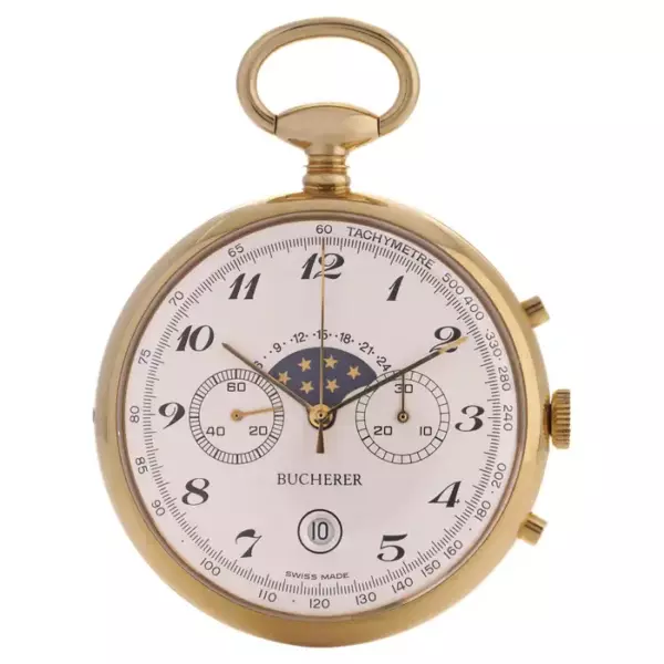 Позолоченные карманные часы Bucherer с хронографом и фазами Луны. Позолоченные карманные часы Bucherer с хронографом и фазами Луны.