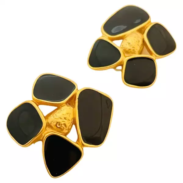 Винтажные серьги клипсы ANNE KLEIN, золотисто черная эмаль, дизайнерские серьги клипсы для подиума.