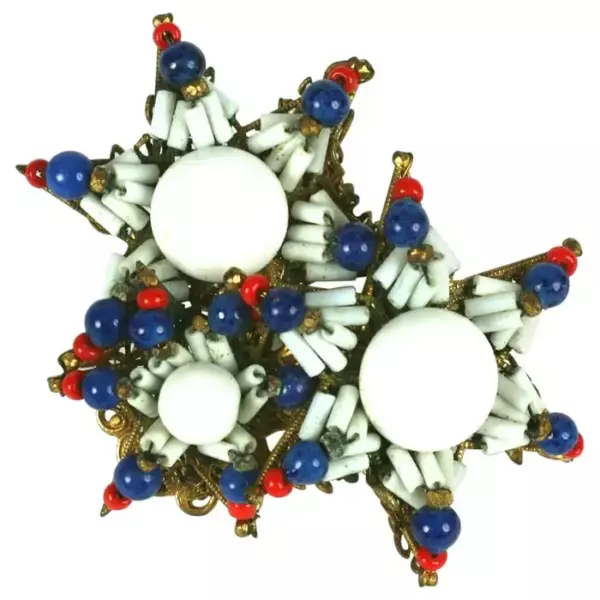 Брошь Miriam Haskell Patriotic Star из бисера ручной работы с элементами pate de verre в эффектной объемной броши. Фирменная русская позолоченная филигранная основа.