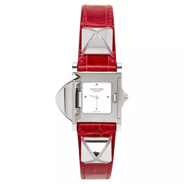 Hermes Серебро Нержавеющая сталь Кожа аллигатора Розовый сапфир Medor ME3.234 Wome. Hermes Серебро Нержавеющая сталь Кожа аллигатора Розовый сапфир Medor ME3.234 Wome.