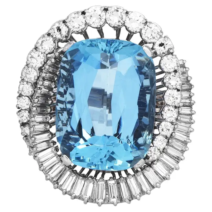 Коктейльное кольцо из платины и золота H Stern Vintage 23.07 GIA с аквамарином и бриллиантами.