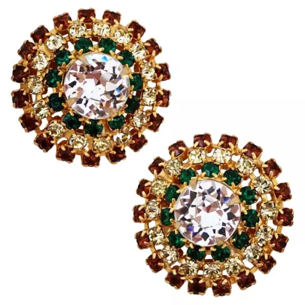 Серьги купола с дымчатым топазом и изумрудными стразами, Hobé, 1960 е годы