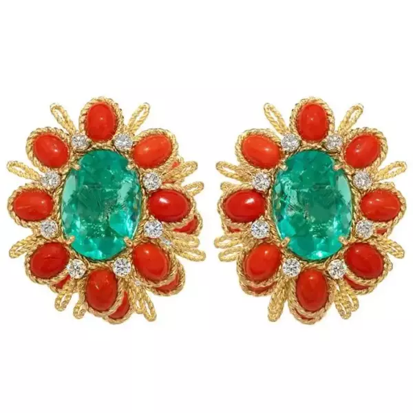 Зажимы для ушей Merry and Bright Tony Duquette Coral Diamond Gold.