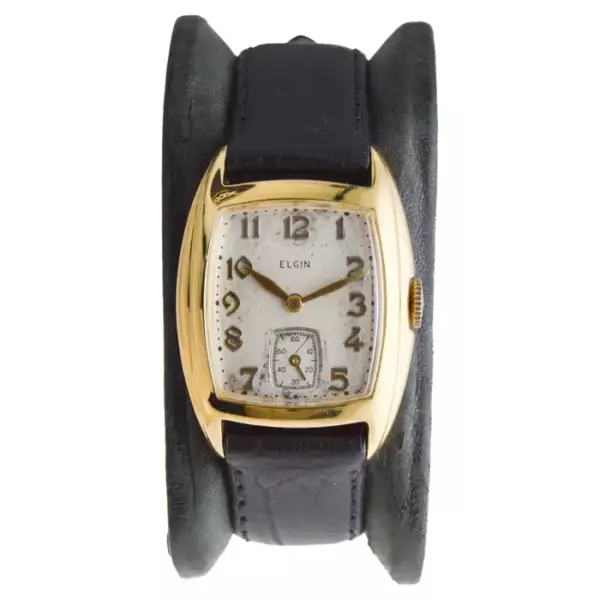 Часы Elgin в форме тонны в стиле арт деко 1940 х годов с наполнителем из желтого золота и оригинальным циферблатом.