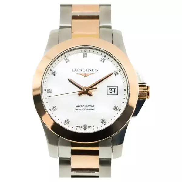 Часы Longines Conquest с перламутровым циферблатом и розой из стали 18 карат на складе. Часы Longines Conquest с перламутровым циферблатом и розой из стали 18 карат на складе.