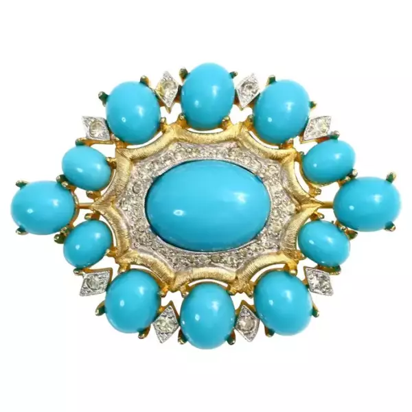 Винтажная брошь Polcini Diamante с искусственной бирюзой, около 1980 х годов.