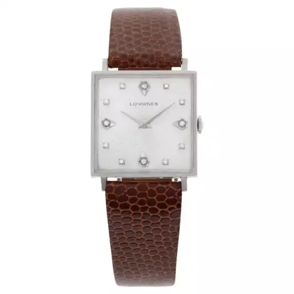 Винтажные часы Longines Square Classic с бриллиантовым циферблатом из 14 каратного белого золота, коричневым ремешком в форме ящерицы и пряжкой из нержавеющей стали. Винтажные часы Longines Square Classic с бриллиантовым циферблатом из 14 каратного белого золота, коричневым ремешком в форме ящерицы и пряжкой из нержавеющей стали.