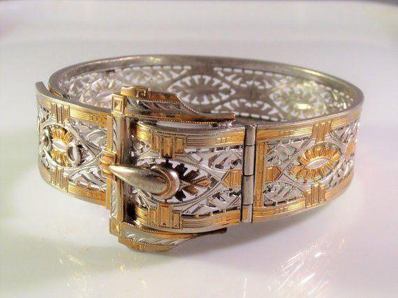 БРАСЛЕТ VTG ART DECO ФИЛИГРАННАЯ ПРЯЖКА, ДВУХЦВЕТНЫЙ БРАСЛЕТ, СКЛАДА PS CO PLAINVILLE.