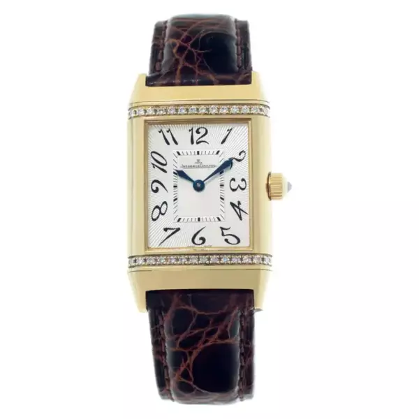 Jaeger LeCoultre Reverso Duetto Duo из 18 каратного золота с бриллиантовым безелем на кожаном ремешке с раскладывающейся застежкой JLC из 18 каратного желтого золота. Jaeger LeCoultre Reverso Duetto Duo из 18 каратного золота с бриллиантовым безелем на кожаном ремешке с раскладывающейся застежкой JLC из 18 каратного желтого золота.