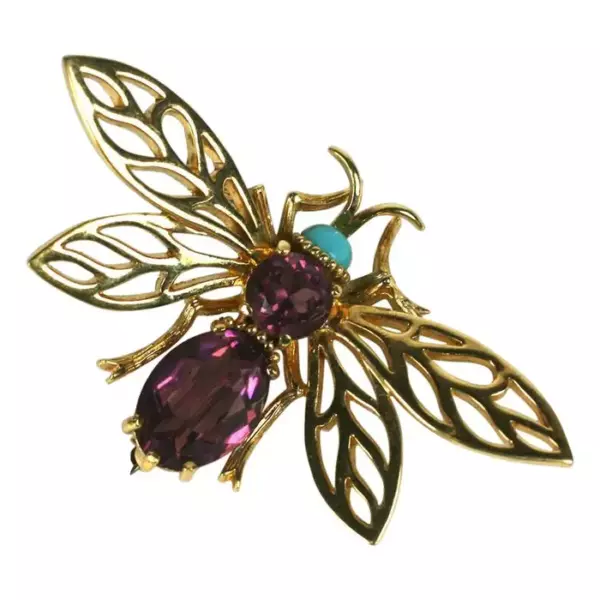 Очаровательная брошь Panetta Amythest and Turquoise Bug 1980 х годов, выполненная из позолоченного металла и стекла.