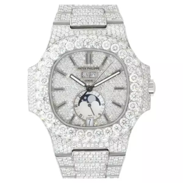 Patek Philippe Часы Nautilus из нержавеющей стали с бриллиантовым циферблатом и фазой Луны.