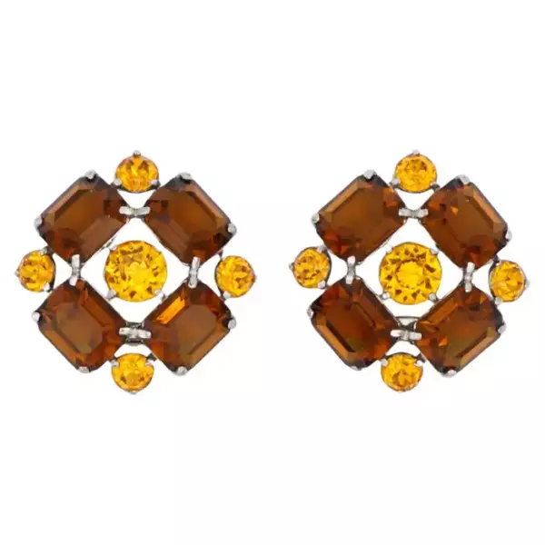 Серьги клипсы Christian Dior от Mitchel Maer, 1950 е годы, винтажные цитрины и янтарные цветы с кристаллами, серебряный тон.