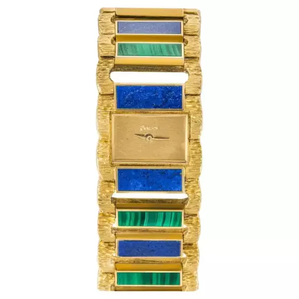 Винтажные часы Piaget из желтого золота с лазуритом и малахитом.