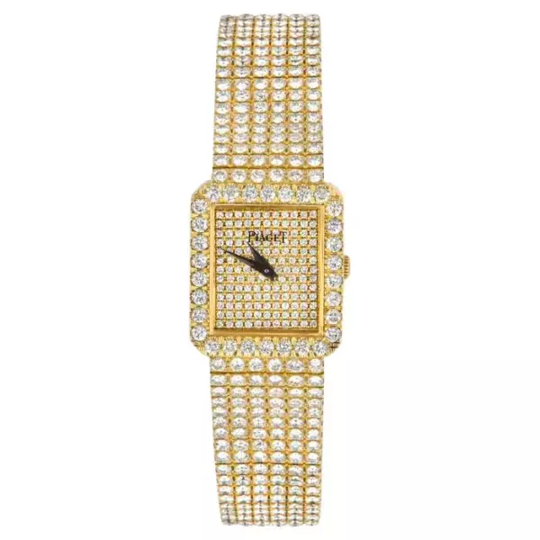 Женские деловые часы Piaget Fully Loaded из желтого золота 18 карат с бриллиантовым паве.