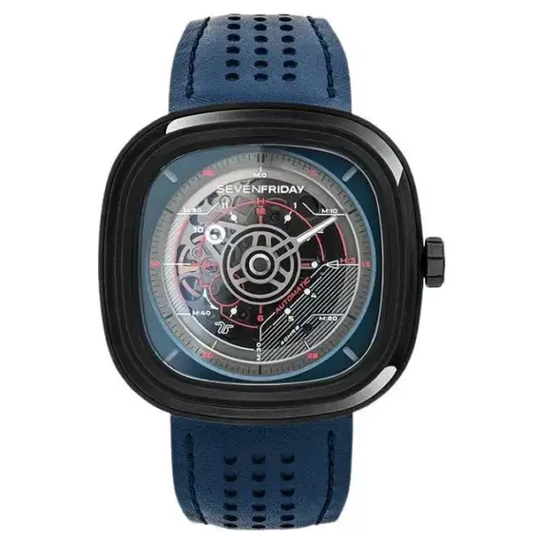 Автоматические часы Sevenfriday с синим кожаным ремешком из телячьей кожи.