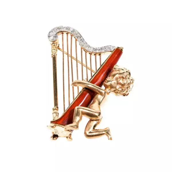 Брошь Ruser Angel Harp с бриллиантами и эмалью, около 1950 г.
