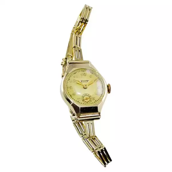 Часы Tissot 14Kt. Золотые часы в стиле ар деко и браслет с оригинальным циферблатом 1930 х годов