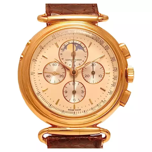 Часы Ulysse Nardin из 18 каратного желтого золота с указателем фаз Луны и датой, лимитированная серия, калибр Lemania.