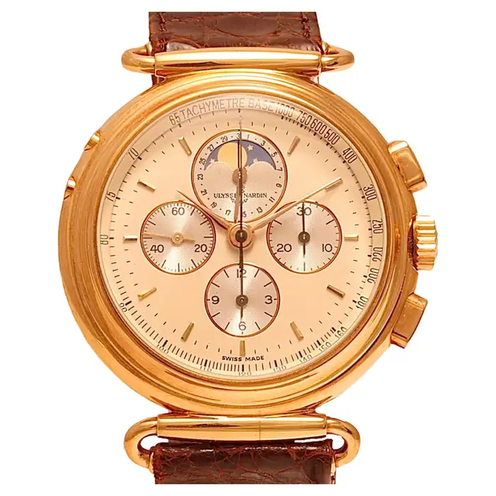 Часы Ulysse Nardin из 18 каратного желтого золота с указателем фаз Луны и датой, лимитированная серия, калибр Lemania.