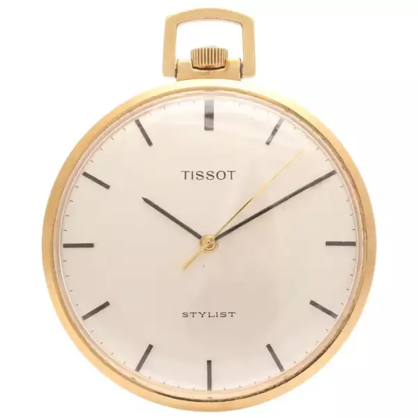 Карманные часы Tissot Stylist с открытым циферблатом, позолоченные желтым золотом, около 1950 х годов.
