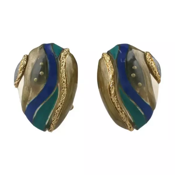 Необычные серьги Ungaro, Paris из пате де верре с холодной эмалью и инкрустацией витой золотой цепочкой. Франция,