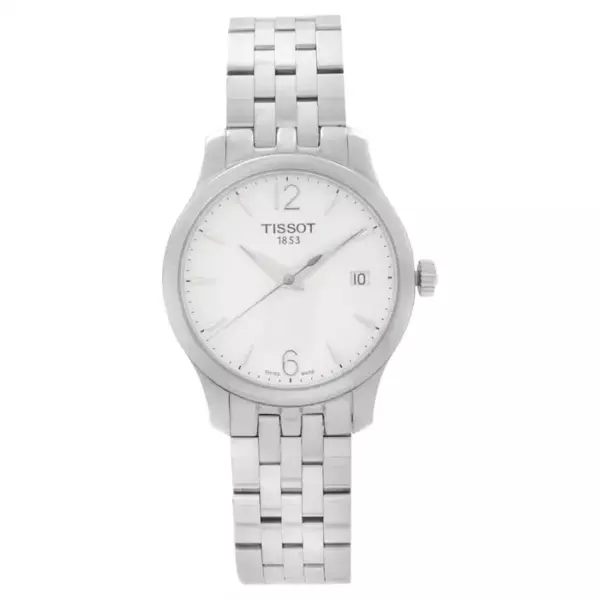 Женские кварцевые часы Tissot Tradition из стали с серебристым циферблатом.